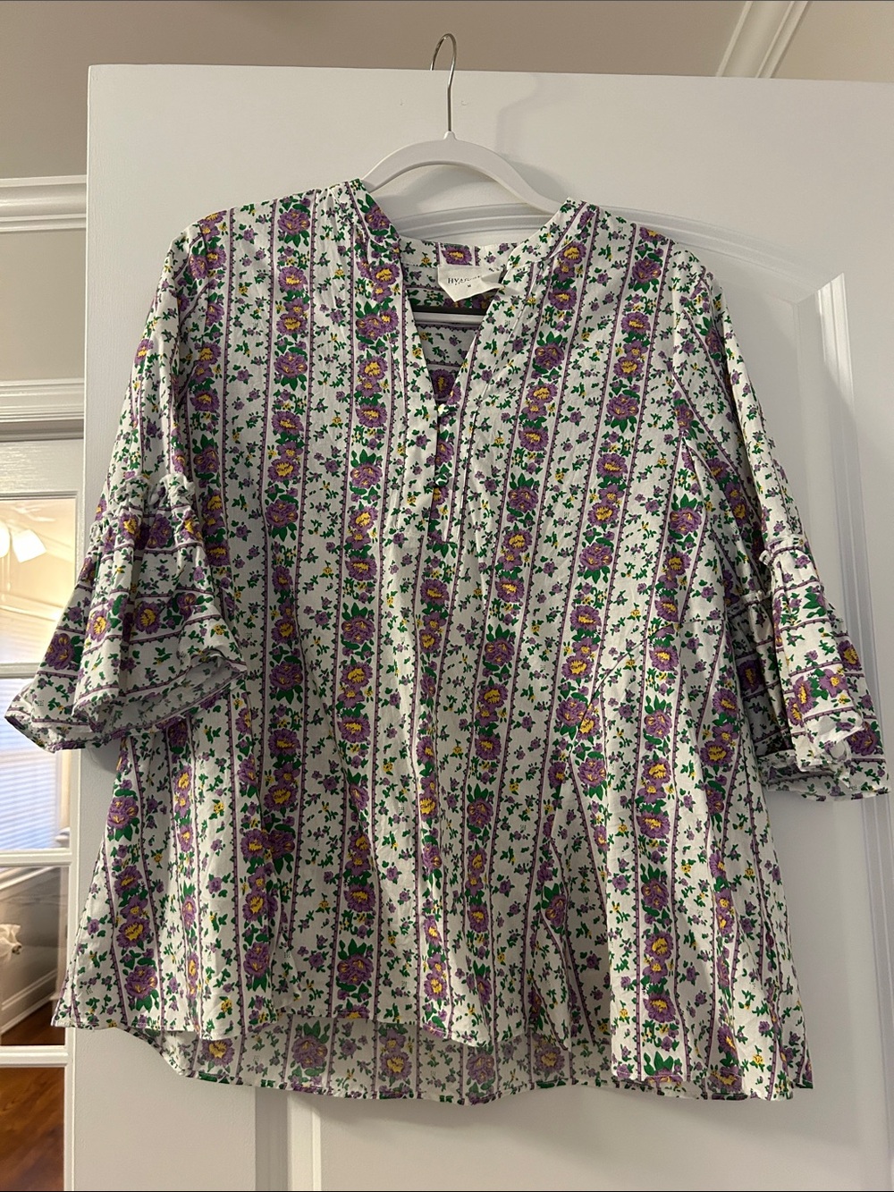 Tuckernuck Floral Stripe Boho Blouse in White, Purple & Green - Picture 1 of 3